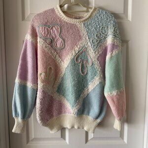 Vintage Jaclyn Smith Pastel Beaded Patchwork Sweater M 90s